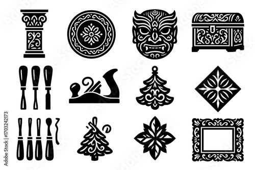 Symbol chip detailed ornament icon hand icons carving plane intricate wood plate