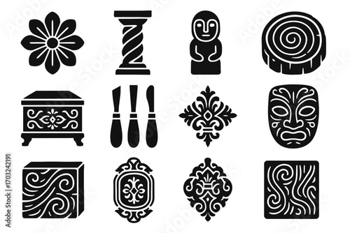Tools box carving set figurine wood carved icons vector icon block wooden