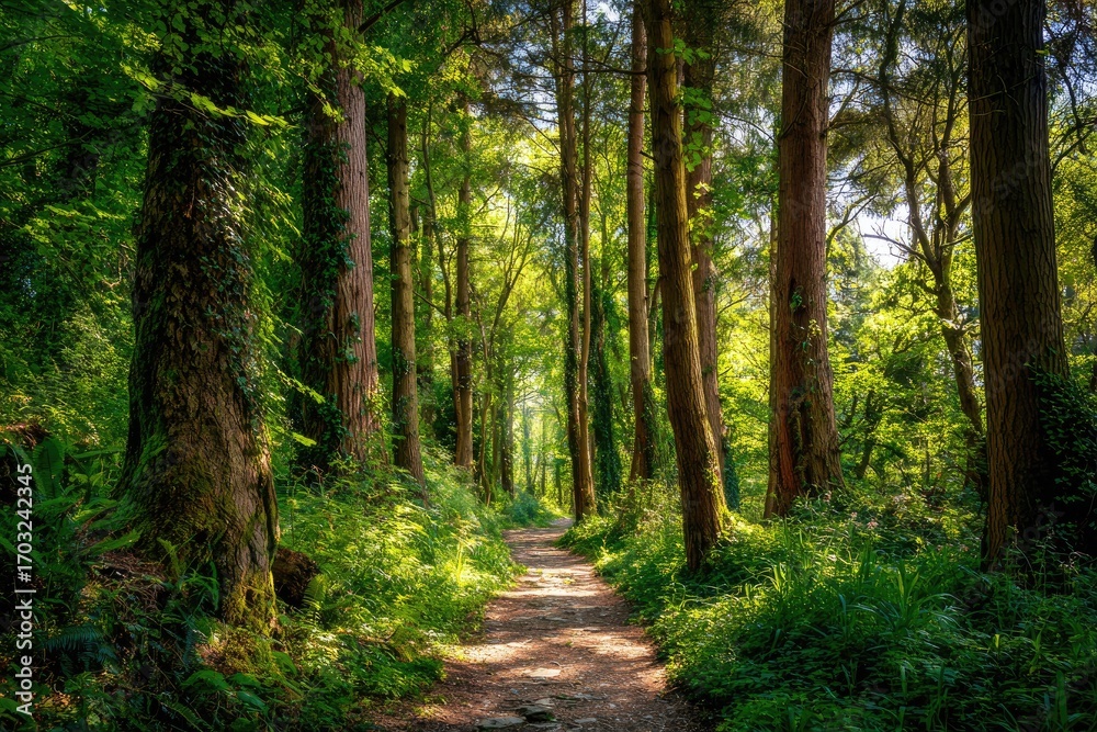 Obraz premium Sunlit path through lush green forest