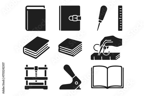 Tools ruler icons bookbinding icon vector tool press leather hardcover stack open