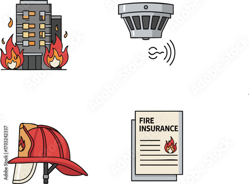 Building engulfed in flames with smoke detector, helmet, and fire insurance document representing safety and protection against fire hazards.