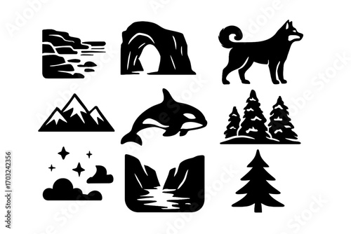 Pine dog starry grid snowy tunnel vector icon silhouette arctic shoreline rocky