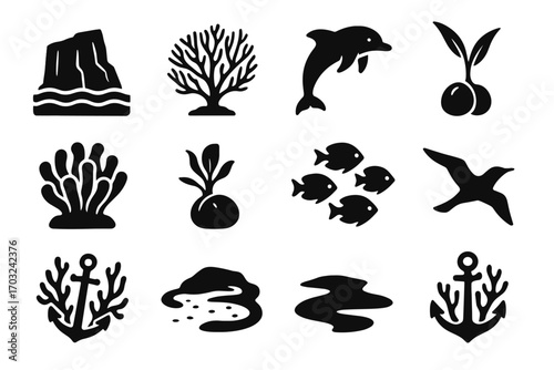 Atoll sandy reef dolphin silhouette icons icon coral tropical fish vector coconut