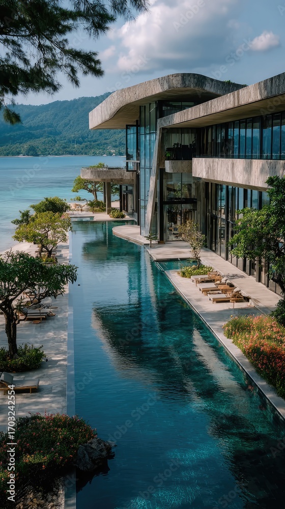 Obraz premium A contemporary concrete structure, perched on a tranquil coastal setting, features an expansive infinity pool reflecting the serene landscape and clear waters