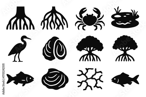 Delta pool tree icon fish oyster cracks shell vector mangrove icons crab