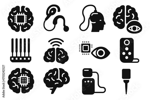 Neurostimulation implant chip neural vector controller icons spinal icon wireless cortex