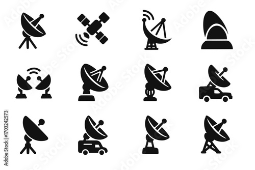 Dish relay icon tracking field communication remote satellite vector tower icons set