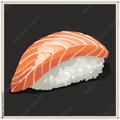 Realistic illustration of traditional Japanese salmon nigiri sushi.