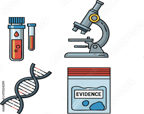 Forensic science elements depicting blood samples, microscope, dna strand, and evidence bag representing crime scene investigation in a laboratory setting.