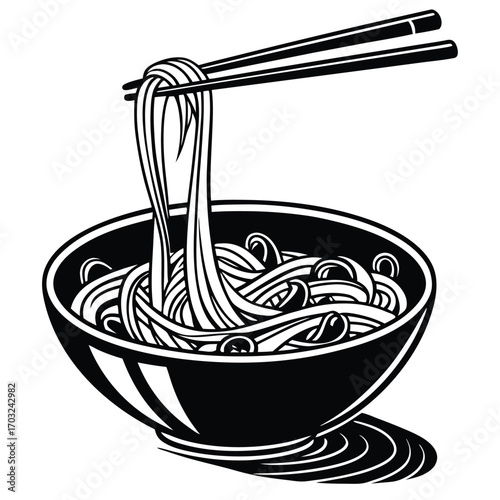 Bowl of Noodles with Chopsticks Lifting Noodles.