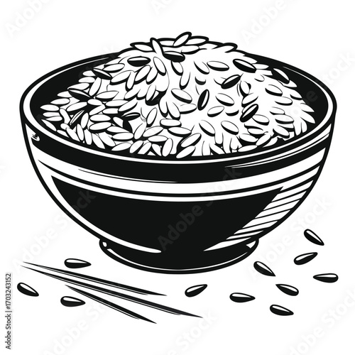 Bowl of Rice with Chopsticks Black and White Illustration.