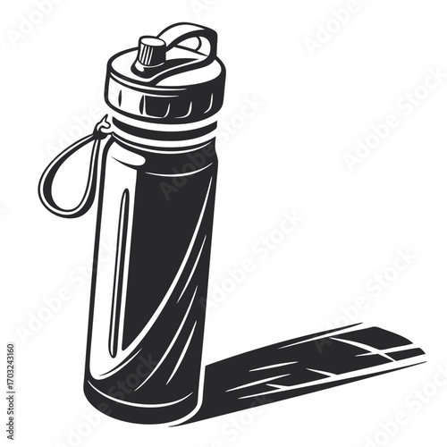 Monochrome illustration of a reusable water bottle with a cap and carrying loop.