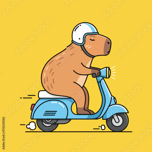 A cute capybara wearing a helmet rides a light blue scooter with its eyes closed.