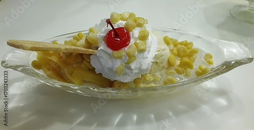 Decadent Banana Split Delight: A classic banana split, artfully presented, tantalizes the senses with its vibrant medley of flavors and textures, a sweet indulgence captured in vivid detail.