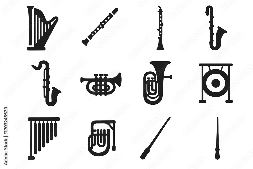 Obraz premium Chimes vector icons euphonium bass instruments horn icon contrabassoon baton clarinet harp