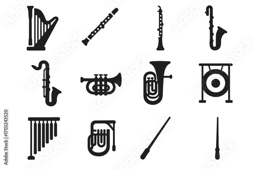 Chimes vector icons euphonium bass instruments horn icon contrabassoon baton clarinet harp