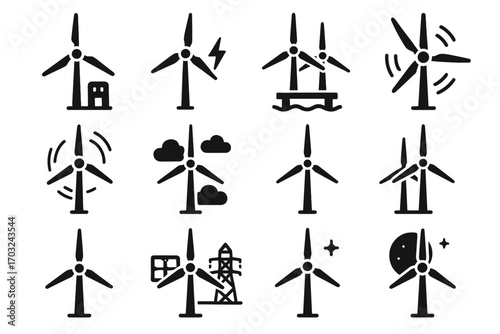 Grid turbine icon box offshore rotating production wind background vector cloudy