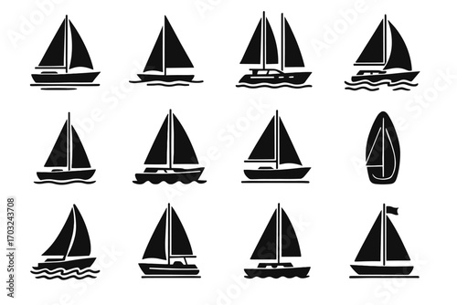 Sailboat sail collection waves triangular sea view motion vector dual icon