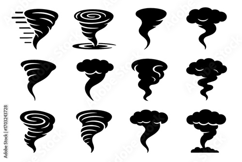 Vector bold storm spiral perspective silhouette cloud icon curved set tornado