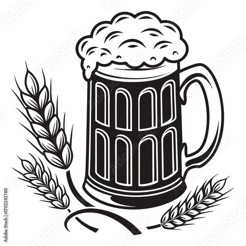 A black and white illustration of a frothy beer mug with wheat stalks.