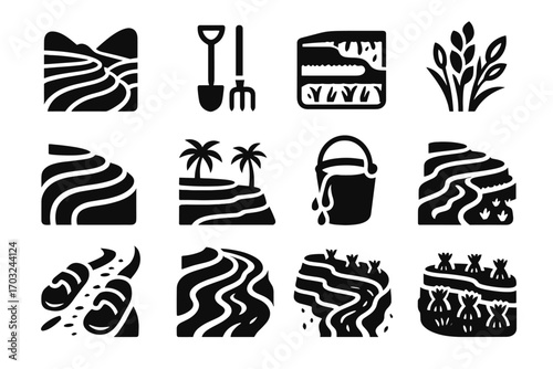 Rice water tools farming icon palm wavy vector terrace channel field