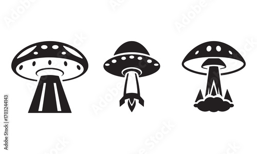 Mushroom ufo ship silhouette vector art set