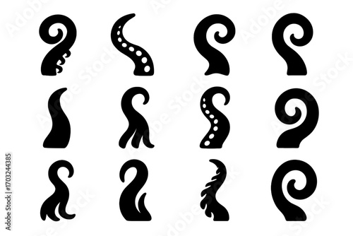 Twisting stroke icon bold tentacle coils stripe thick vector octopus arm icons