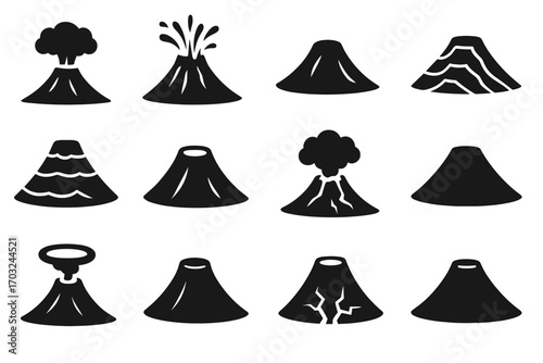 Ash lava spewing crater cone volcano vector volcanic smoke outline icon