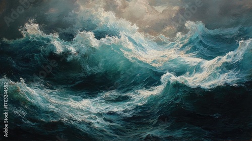 A dramatic seascape depicting a turbulent ocean scene under a brooding sky; powerful waves surge and crest, showcasing a masterful use of light and shadow to capture the energy of the sea