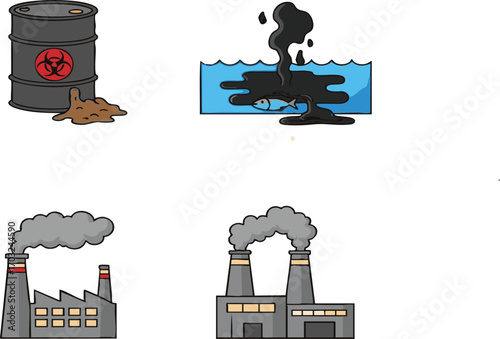 Cartoon drawings depicting pollution sources showing oil spills, industrial smoke, and toxic waste contributing to environmental damage and ecological harm.