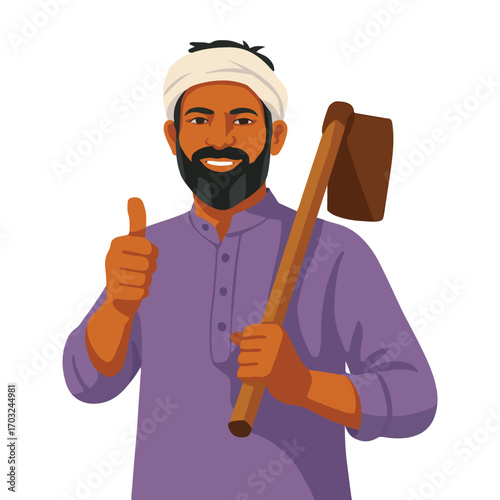 Happy Indian Farmer Giving a Thumbs Up, Holding a Hoe