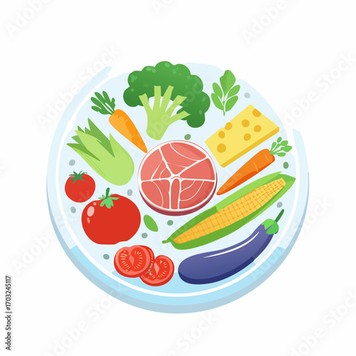 A vibrant overhead view of a circular platter filled with fresh, healthy ingredients including raw meat, vegetables, and cheese, perfect for a balanced meal