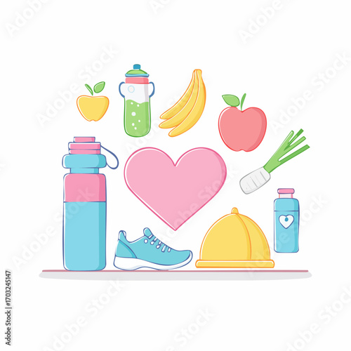 A vibrant flat illustration set representing a balanced and active lifestyle with essential elements for wellness, nutrition, and self-care