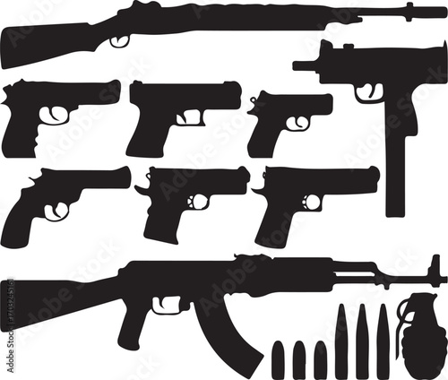 Print"Weapon Black Silhouette | Gun Knife Sword Camms Vector | Military Combat Arms Clipart"