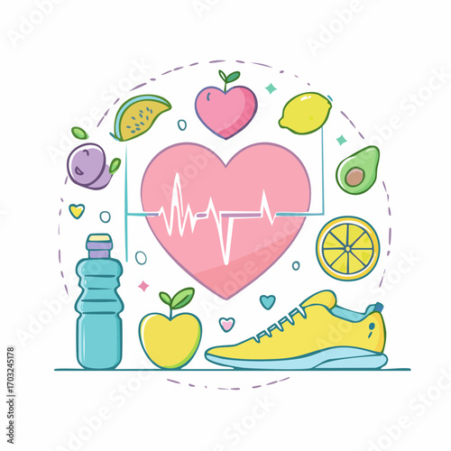 Vector illustration collage of healthy habits including running, a balanced diet, and hydration for cardiovascular wellness