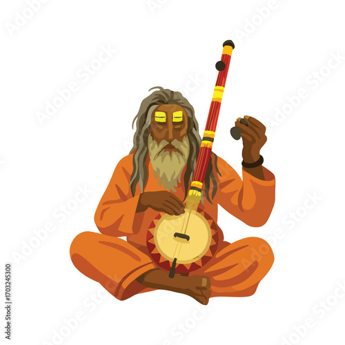 Indian Sadhu Playing Ektara, Hindu Holy Man Musician in Saffron Robe