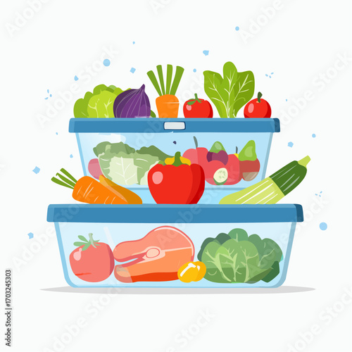 Organized meal prep containers filled with fresh vegetables, fruit, and salmon for a healthy diet concept