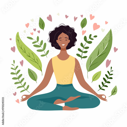 Beautiful black woman meditating in lotus pose, surrounded by leaves and hearts, embodying self-love, mindfulness, and harmony with nature