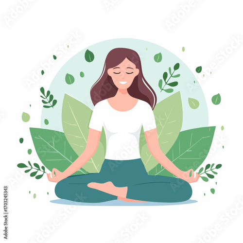 Young woman meditating in lotus pose surrounded by lush green leaves. A concept of mindfulness, yoga, and connection with nature for mental well-being