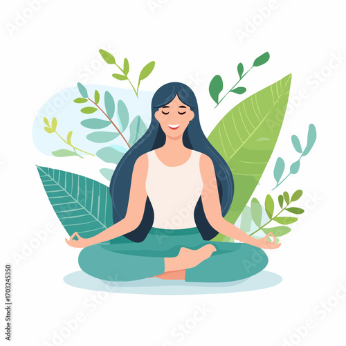 Vector illustration of a peaceful woman practicing yoga and meditation in the lotus pose, surrounded by lush green leaves. Concept of mindfulness, health, and harmony with nature