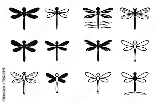 Vector stroke icon dragonfly set bold thin detailed wings four arched transparent