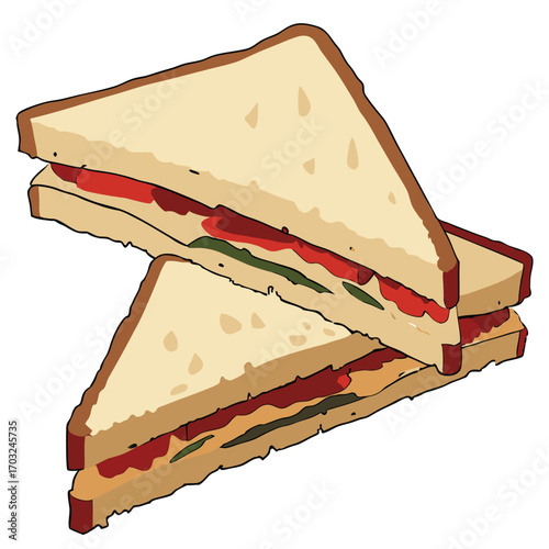 Two Triangular Sandwiches Stacked on Top of Each Other with Visible Fillings.