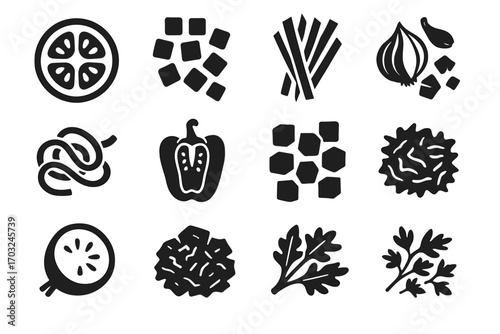 Chopped cucumber pepper cuts vector tomato icon vegetable julienned zucchini radish lettuce