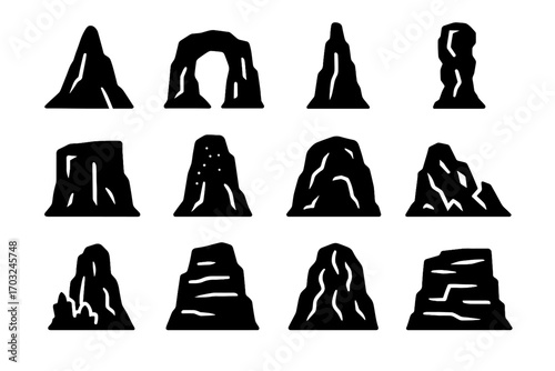 Icon collection steep karst column cliff face spire weathered isolated icons vector