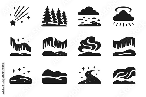 Vector boreal air mist forest ground chill landscape wave icons dark light