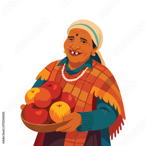 Happy Elderly Indian Woman Holding a Bowl of Apples