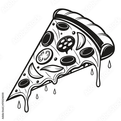 Delicious pizza slice with melting cheese and toppings.