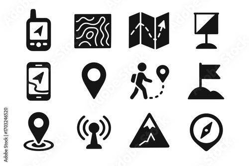 Location navigation orienteering set destination folded icon compass beacon vector unit