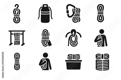 Collection looped carabiner icon vector rope shoulder coiling hand hanger bundle