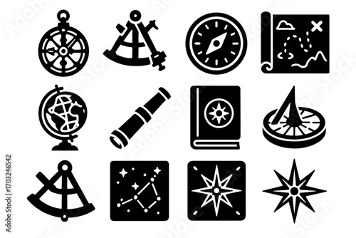 Vector globe antique compass stargazing ship sundial navigation nautical icons icon symbol